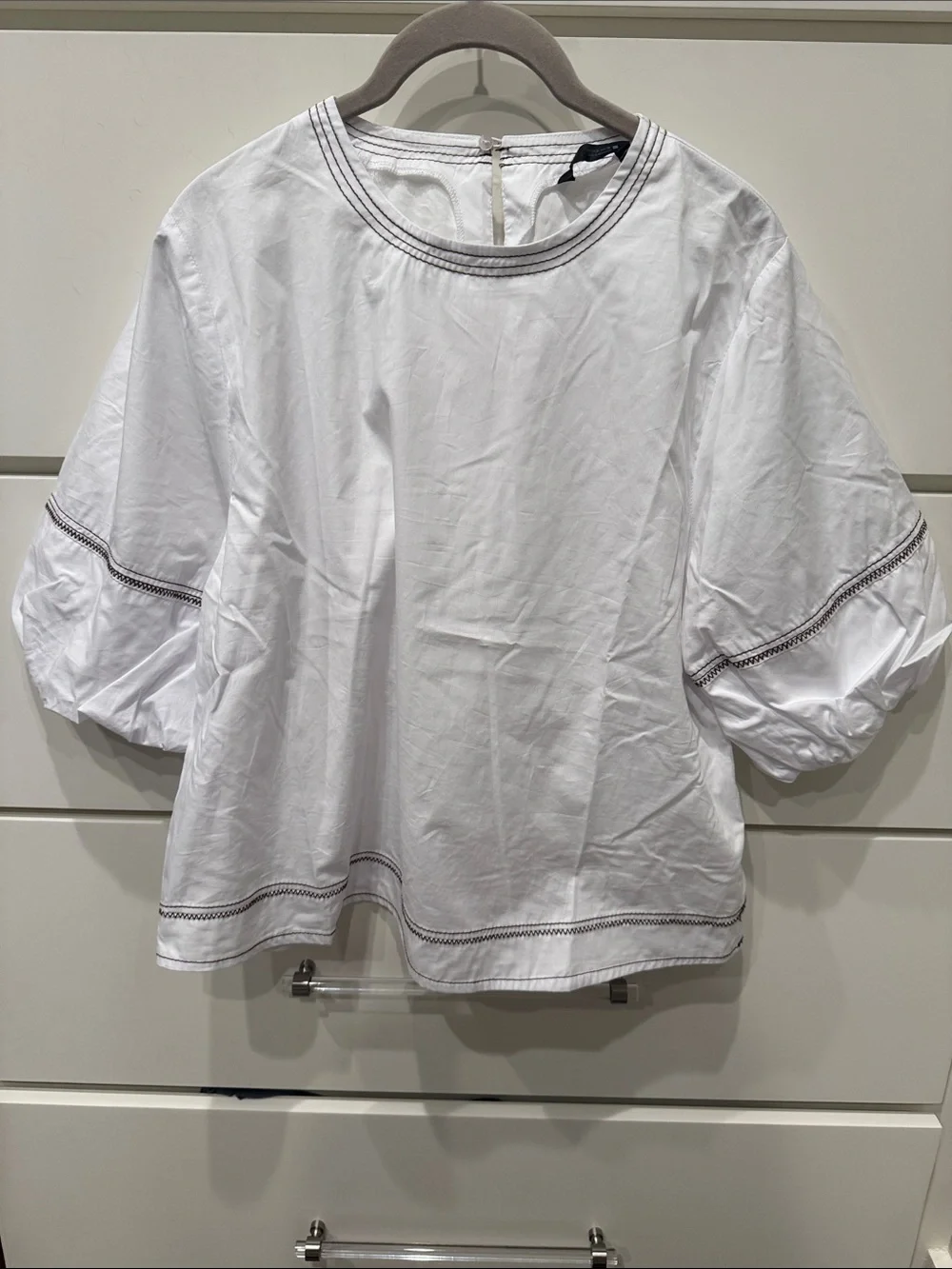 Zara Women's White balloon Sleeve Blouse - Elegant brown Embroidered Trim
